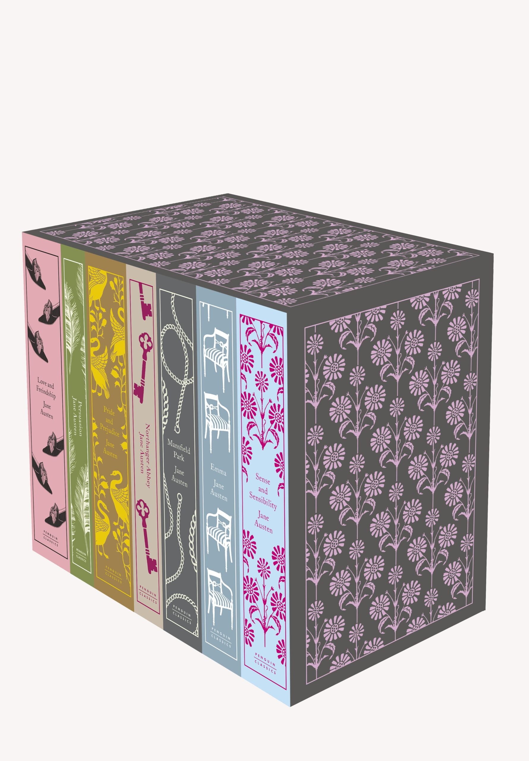 A 7-volume boxed set of Jane Austen's novels, packaged in decorative clothbound hardcovers